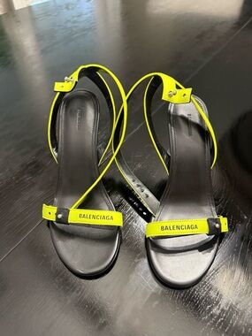 Balenciaga Black Sandals with Neon Yellow Straps and Logo